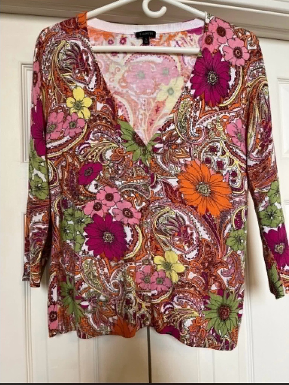 Talbots Pink & Orange Floral Paisley V-Neck Sweater